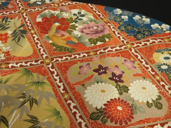 Photo3: 2M02z130 Japanese Kimono Silk  FABRIC Black Flowers, Bird 44.1" (3)