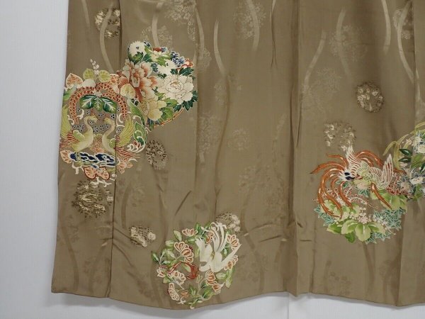 Photo5: 0621N04z720 Vintage Japanese Kimono Silk KO-FURISODE Olive-Gray Bird (5)
