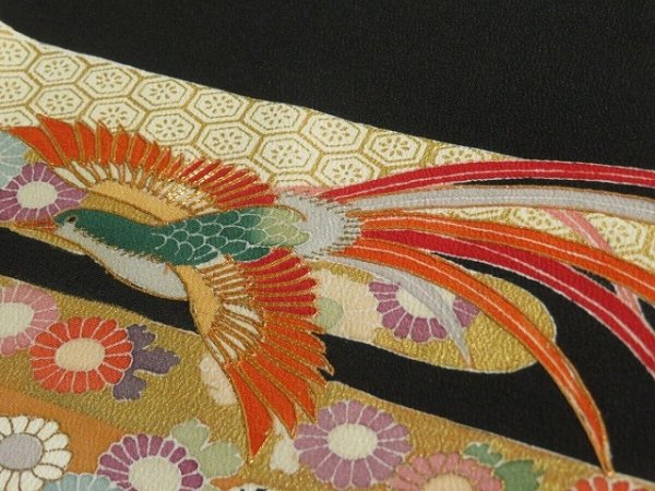 Photo2: 2F03z70 Japanese Kimono Silk  FABRIC Black Bird, Flowers 44.1" (2)