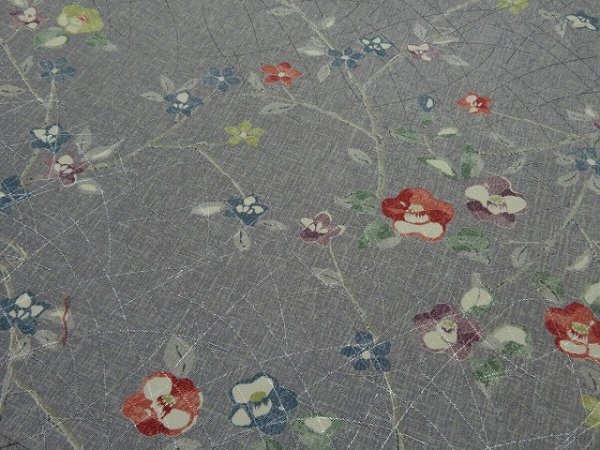Photo2: 2J02z60 Japanese Kimono Silk  FABRIC Gray Camellia 47.2" (2)