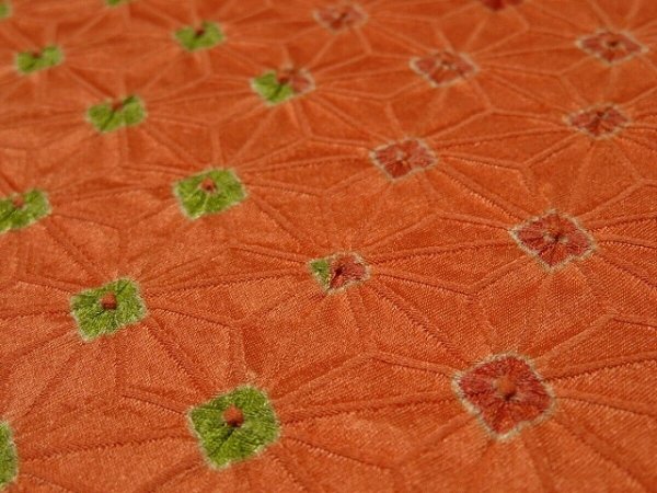 Photo3: 1A01z60 Japanese Kimono Silk SHIBORI FABRIC Orange Hemp 42.5" (3)
