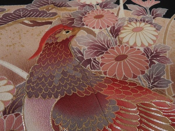 Photo4: 3R01z100 Japanese Kimono Silk  FABRIC Black Birds 44.1" (4)