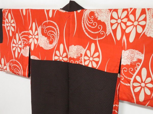Photo7: 1005i01z630 Vintage Japanese Kimono Silk URUSHI HAORI Black Red-Brown (7)