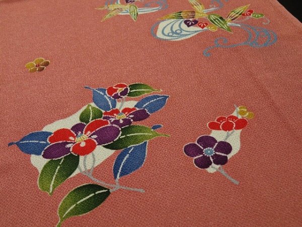 Photo2: 3P05z90 Japanese Kimono Crepe Silk  FABRIC Coral pink Bingata 60.6" (2)