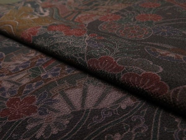 Photo3: 2S01z70 Japanese Kimono Crepe Silk  FABRIC Dark brown Flowers 41.7" (3)