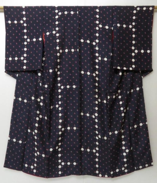 Photo1: 2322T08z640 Vintage Japanese Kimono Silk KOMON  Dark navy (1)