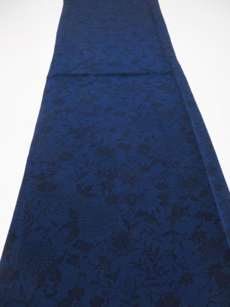 Photo5: 4H01z70  Japanese Kimono Crepe Silk  FABRIC Flowers Indigo 41.7x13.8 (5)