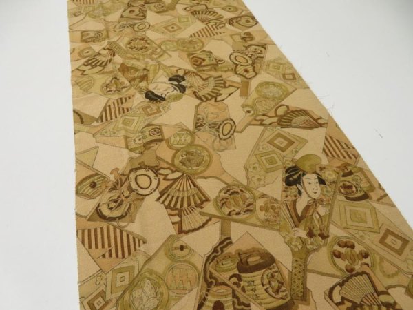 Photo3: 2M06z100  Japanese Kimono Crepe Silk  FABRIC Battle dore Light brown 63.8x14.2 (3)