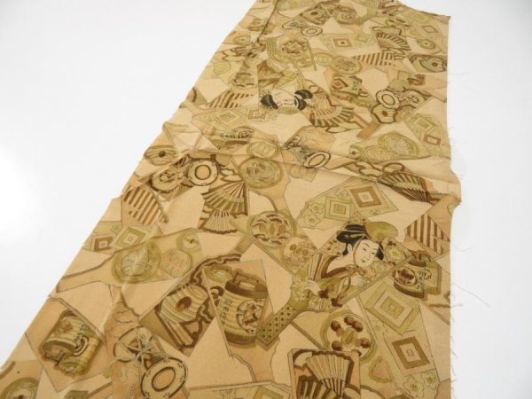 Photo4: 2M06z100  Japanese Kimono Crepe Silk  FABRIC Battle dore Light brown 63.8x14.2 (4)