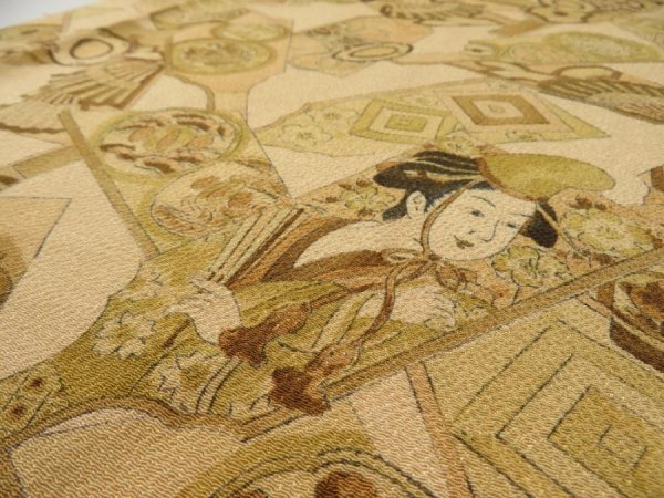 Photo5: 2M06z100  Japanese Kimono Crepe Silk  FABRIC Battle dore Light brown 63.8x14.2 (5)