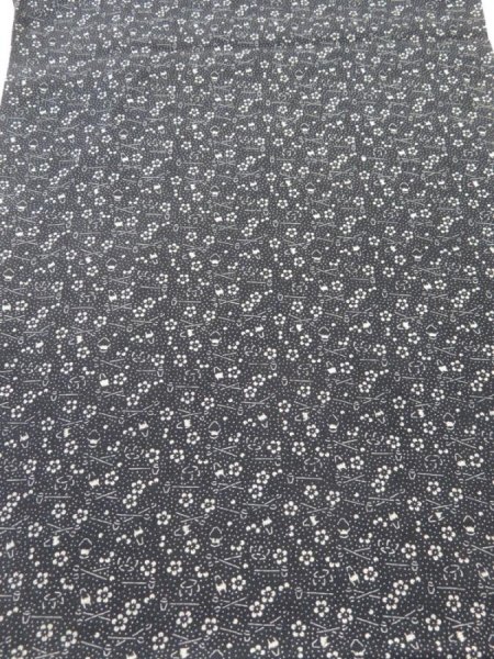 Photo1: 2M02z60  Japanese Kimono Silk  FABRIC Flower Black 38.6x13.8 (1)