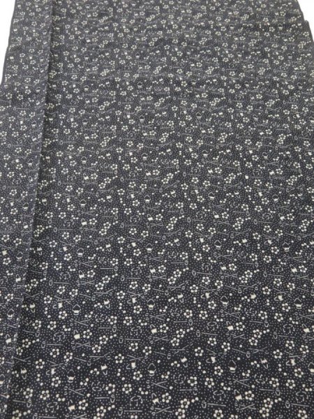 Photo1: 2M03z70  Japanese Kimono Silk  FABRIC Flower Black 51.2x13.8 (1)