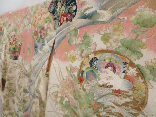 Photo2: 2901T05z870 Vintage Japanese Kimono Silk TSUKESAGE Flowers Off-white (2)