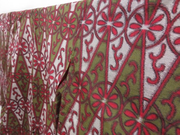 Photo2: 2901T10z680 Vintage Japanese Kimono Silk MEISEN KOMON  Moss green (2)