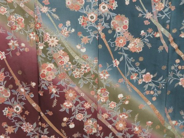 Photo7: 2908T08z980  Japanese Kimono Silk TSUKESAGE Flowers Dark cyan (7)
