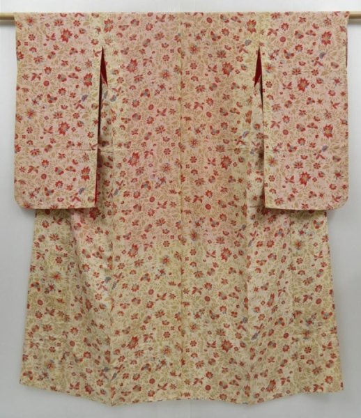 Photo1: 2910T08z450 Antique Japanese Kimono Silk FURISODE Bird Light cream (1)