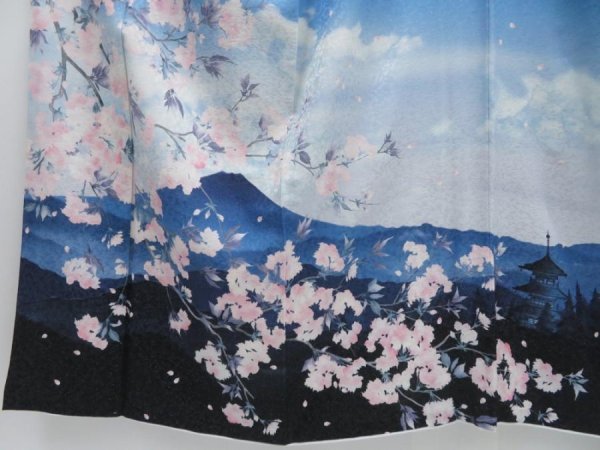 Photo5: 2911T06z810  Japanese Kimono Silk TSUKESAGE Scenery Dark navy (5)