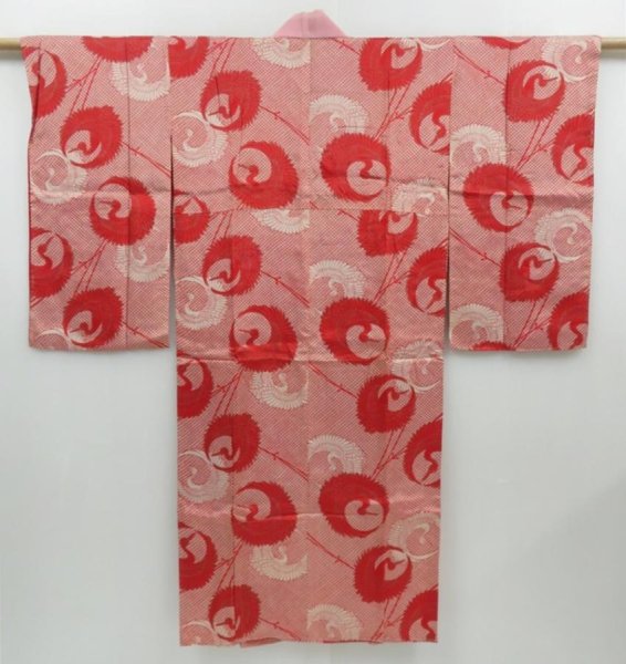 Photo1: 2919T11z540 Antique Japanese Kimono Silk JUBAN Crane Red (1)