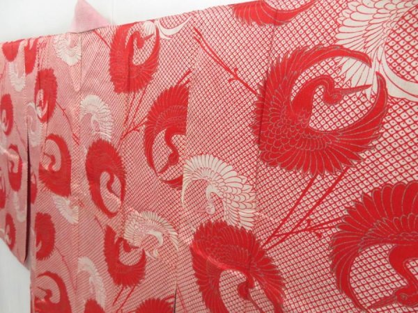 Photo2: 2919T11z540 Antique Japanese Kimono Silk JUBAN Crane Red (2)