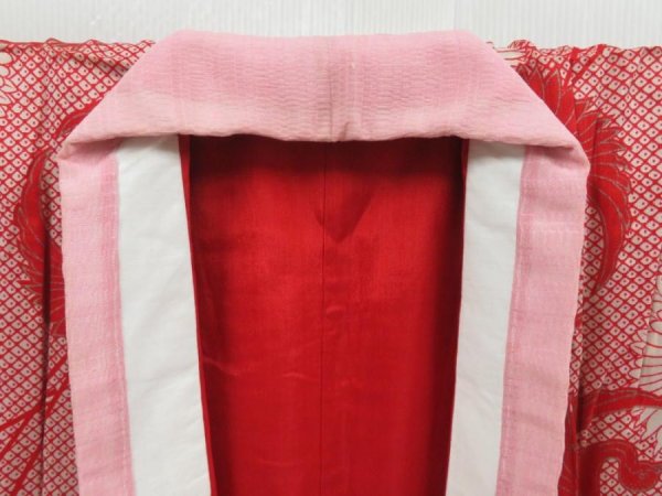 Photo5: 2919T11z540 Antique Japanese Kimono Silk JUBAN Crane Red (5)