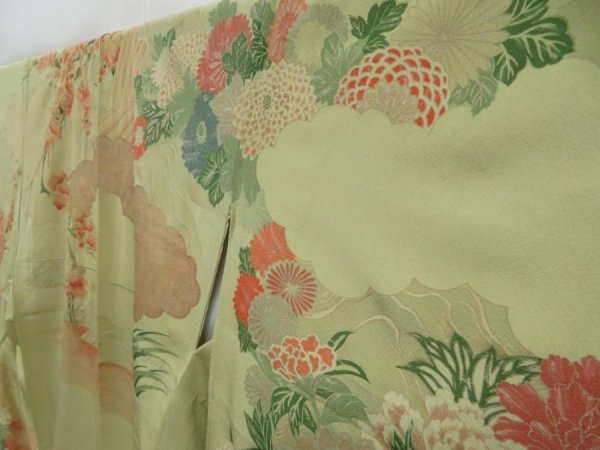 Photo2: 2924T05z800 Vintage Japanese Kimono Silk TSUKESAGE Peacock Pea Green (2)