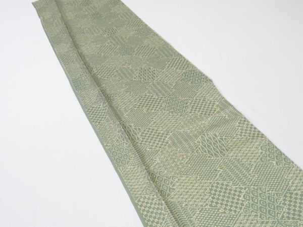 Photo3: 1G08z40  Japanese Kimono Silk  FABRIC Matsukawabishi Grass green 55.1x7.1 (3)