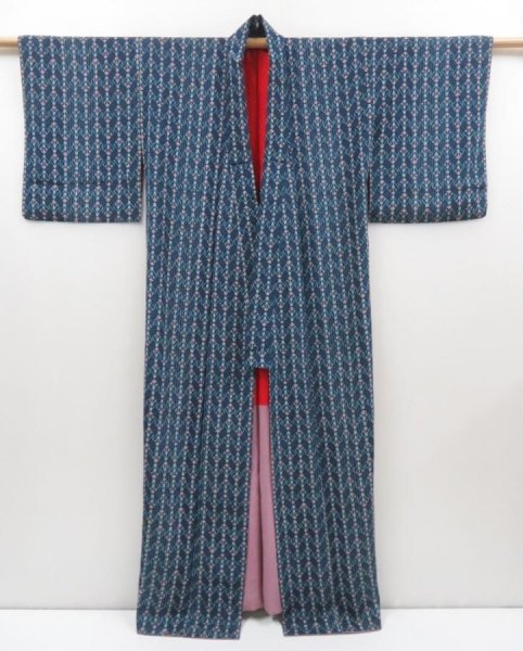 Photo8: 2925T10z810 Vintage Japanese Kimono Silk KOMON Flower Dark cyan blue (8)