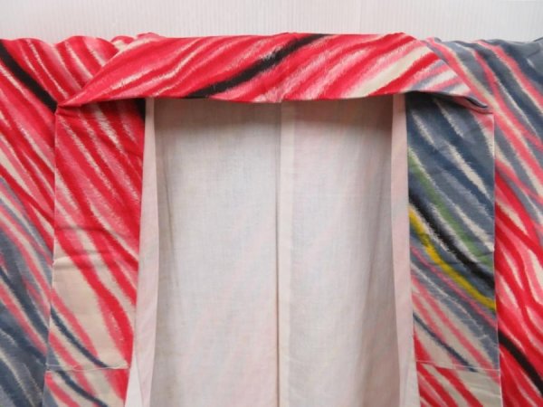 Photo7: 2931T05z680 Vintage Japanese Kimono Silk MEISEN KOMON  Off-white Red (7)