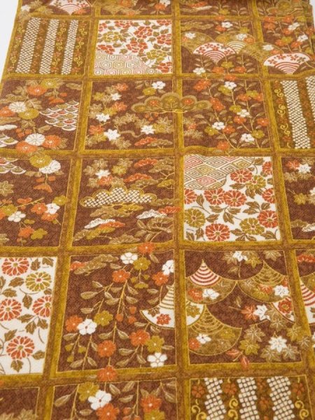 Photo1: 1I01z60  Japanese Kimono Crepe Silk  FABRIC Flowers Ochre 39.4x13.8 (1)