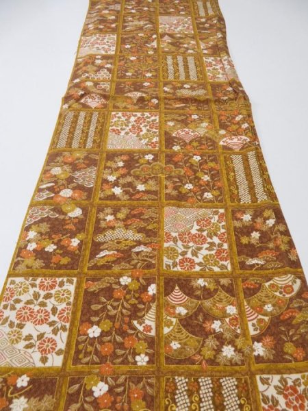 Photo5: 1I01z60  Japanese Kimono Crepe Silk  FABRIC Flowers Ochre 39.4x13.8 (5)