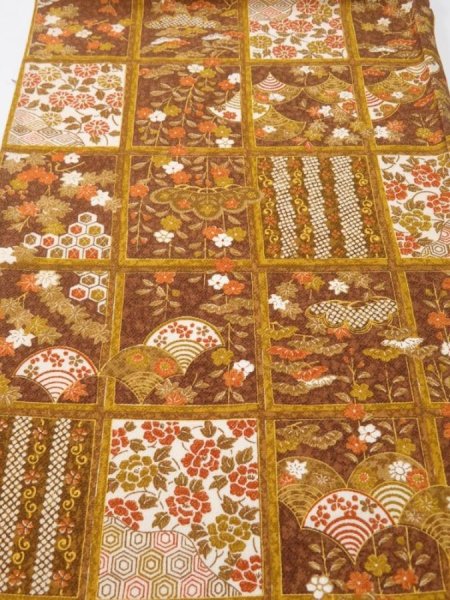 Photo1: 1I02z60  Japanese Kimono Crepe Silk  FABRIC Flowers Ochre 39.4x13.4 (1)