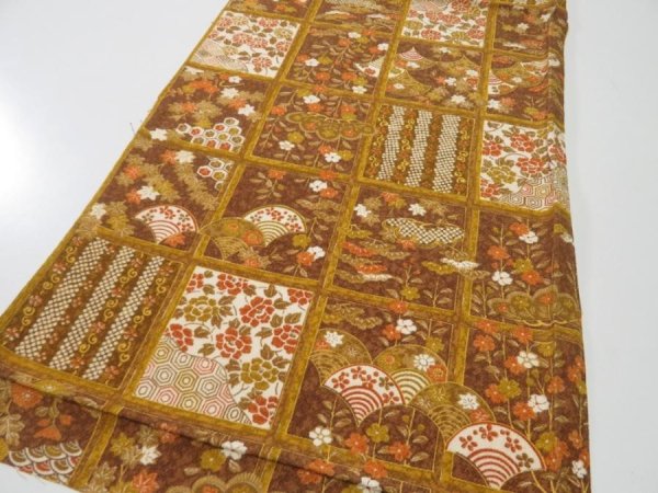 Photo2: 1I02z60  Japanese Kimono Crepe Silk  FABRIC Flowers Ochre 39.4x13.4 (2)