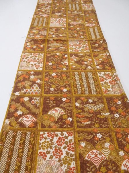 Photo5: 1I02z60  Japanese Kimono Crepe Silk  FABRIC Flowers Ochre 39.4x13.4 (5)
