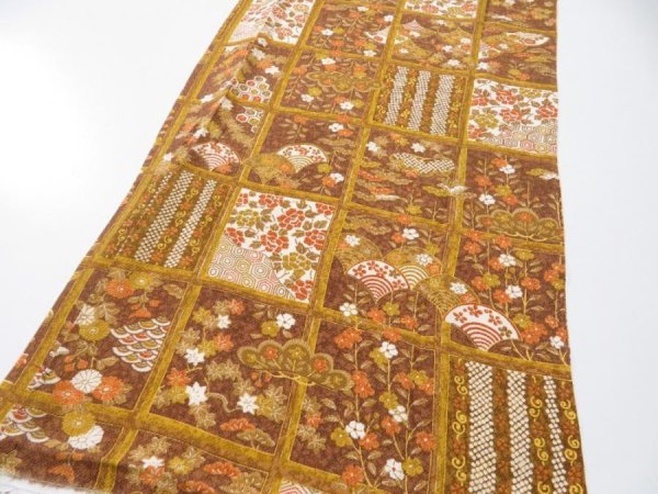 Photo2: 1I04z90  Japanese Kimono Crepe Silk  FABRIC Flowers Ochre 60.6x13.8 (2)