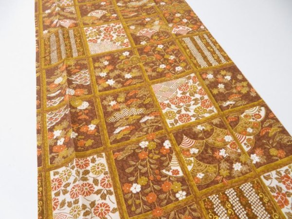 Photo3: 1I04z90  Japanese Kimono Crepe Silk  FABRIC Flowers Ochre 60.6x13.8 (3)