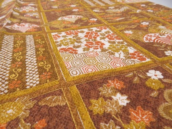 Photo5: 1I04z90  Japanese Kimono Crepe Silk  FABRIC Flowers Ochre 60.6x13.8 (5)