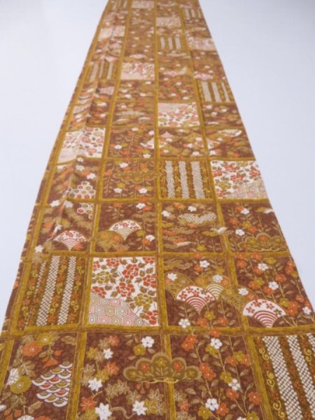 Photo6: 1I04z90  Japanese Kimono Crepe Silk  FABRIC Flowers Ochre 60.6x13.8 (6)