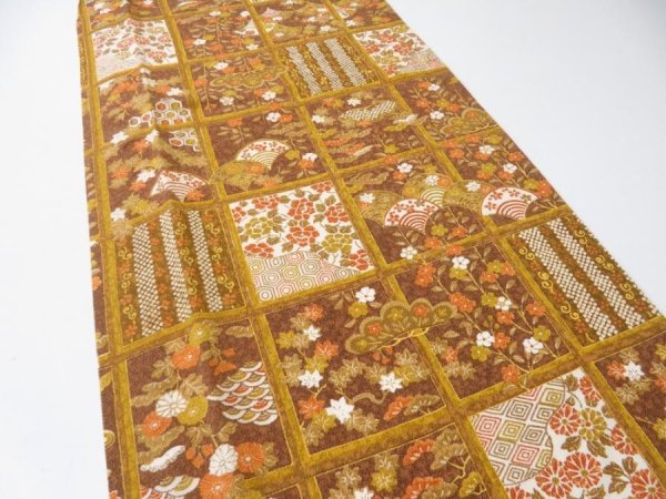 Photo3: 1I05z90  Japanese Kimono Crepe Silk  FABRIC Flowers Ochre 60.6x13.8 (3)