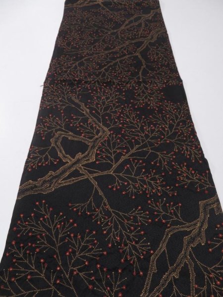 Photo5: 3M01z60  Japanese Kimono Silk  FABRIC Branch Black 37.8x13.8 (5)