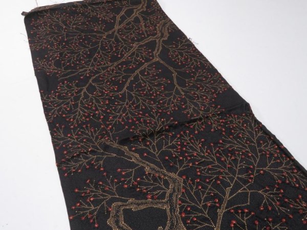 Photo3: 3M02z60  Japanese Kimono Silk  FABRIC Branch Black 37.8x13.8 (3)