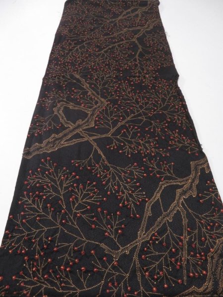 Photo5: 3M02z60  Japanese Kimono Silk  FABRIC Branch Black 37.8x13.8 (5)