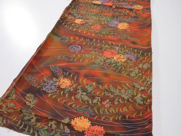 Photo2: 3M01z60  Japanese Kimono Silk  FABRIC Chrysanthemum Orange-Brown 40.9x14.2 (2)