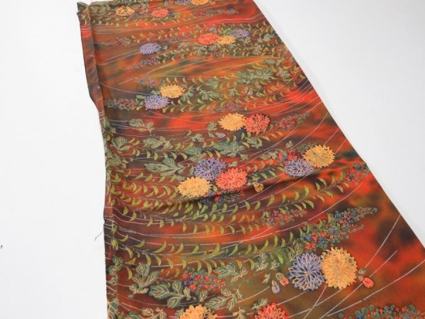 Photo3: 3M01z60  Japanese Kimono Silk  FABRIC Chrysanthemum Orange-Brown 40.9x14.2 (3)