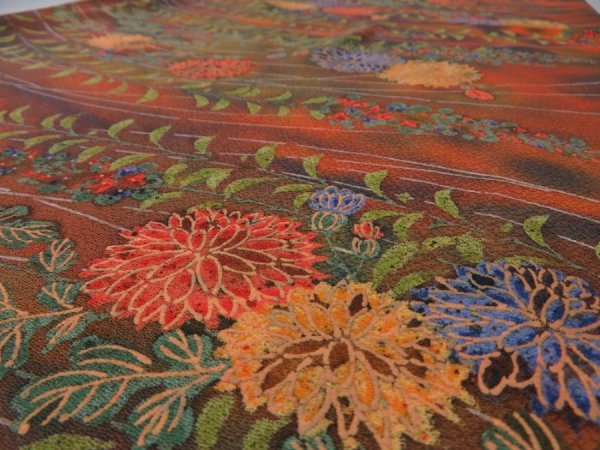 Photo4: 3M01z60  Japanese Kimono Silk  FABRIC Chrysanthemum Orange-Brown 40.9x14.2 (4)