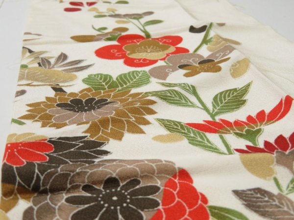 Photo4: 4G10z30  Japanese Kimono Silk  FABRIC Chrysanthemum Off-white 37.8x6.7 (4)