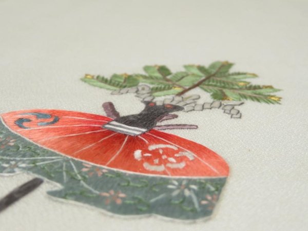 Photo4: 4J03z60  Japanese Kimono Silk  FABRIC Umbrella Off-white 45.7x14.2 (4)