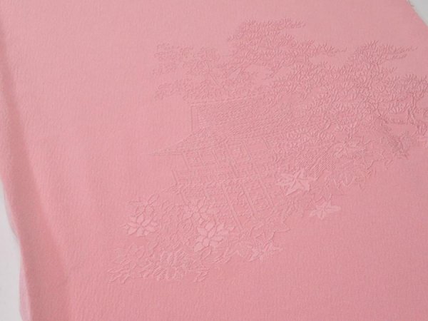 Photo2: 4J02z60  Japanese Kimono Silk  FABRIC Scenery Pink 40.9x14.6 (2)