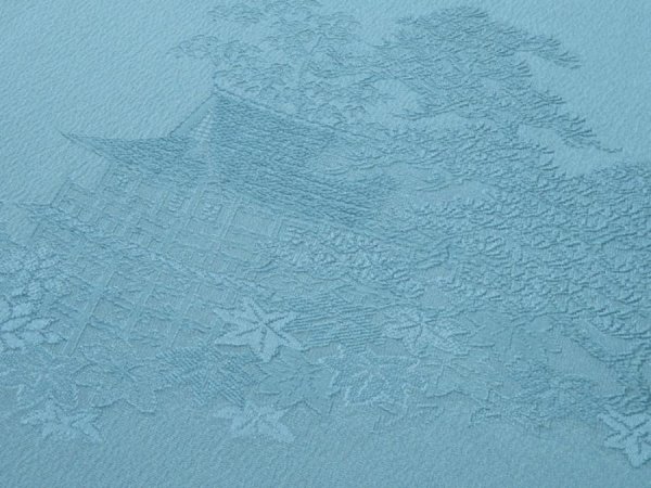 Photo3: 4J02z70  Japanese Kimono Silk  FABRIC Kiyomizudera Dull sea blue 44.9x14.6 (3)