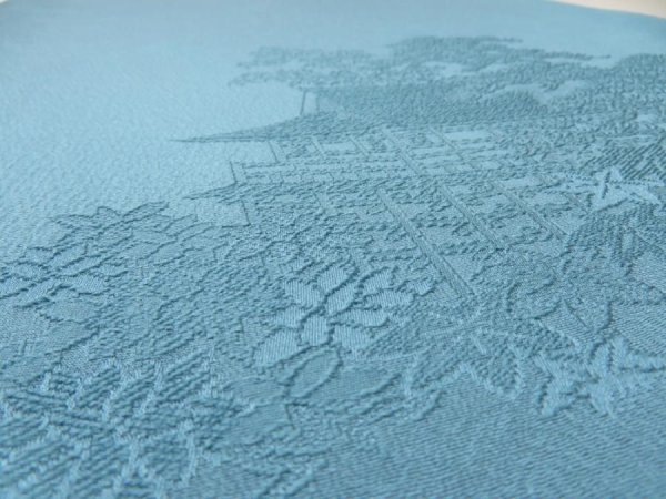 Photo4: 4J02z70  Japanese Kimono Silk  FABRIC Kiyomizudera Dull sea blue 44.9x14.6 (4)