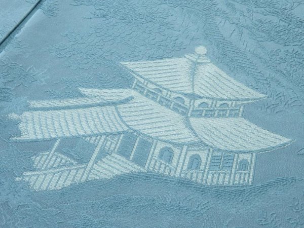 Photo3: 4J03z100  Japanese Kimono Silk  FABRIC Kiyomizudera Dull sea blue 45.7x17.7 (3)